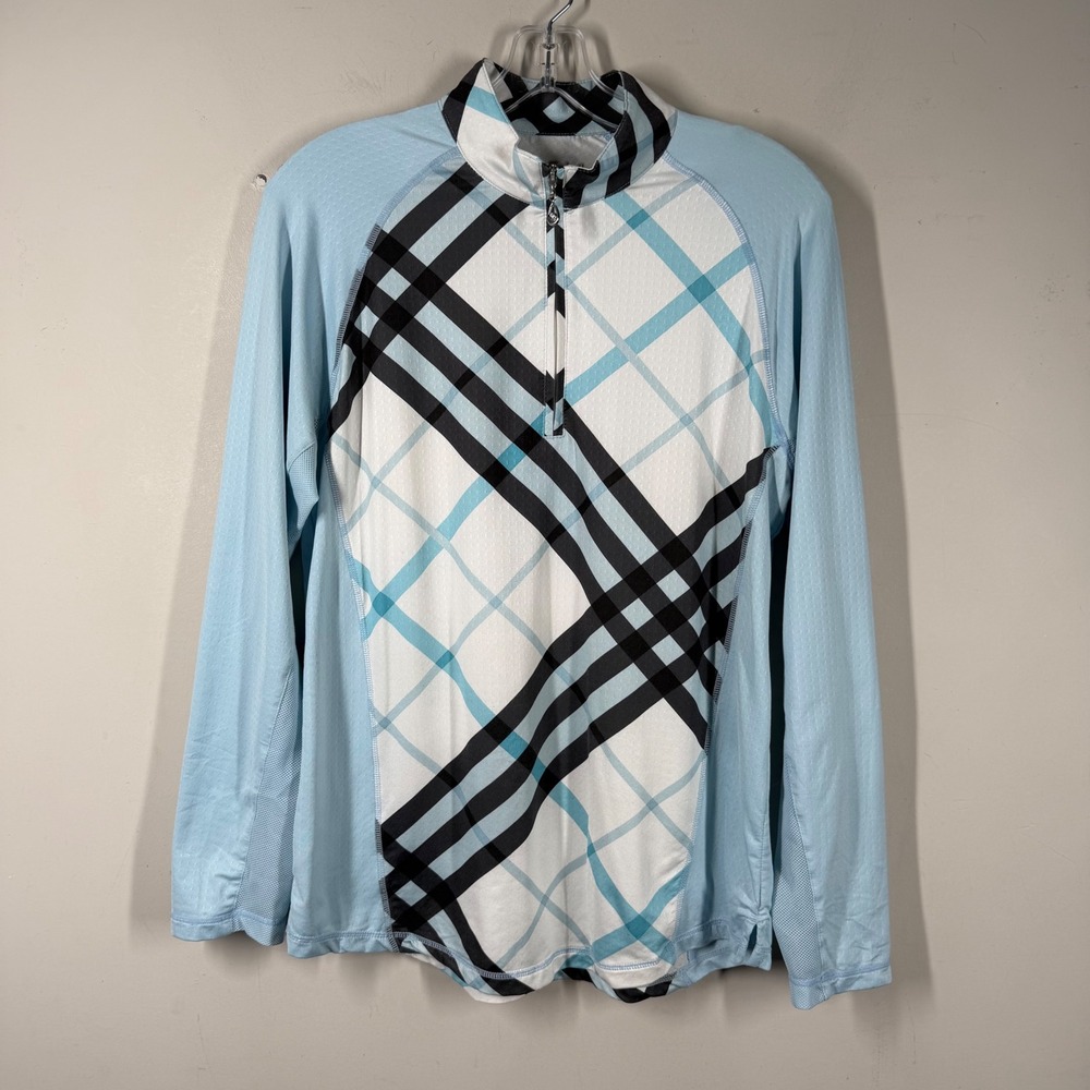 SanSoleil SolCool UPF 50 Blue Plaid Quarter Zip Mock Neck Golf Top Women Medium